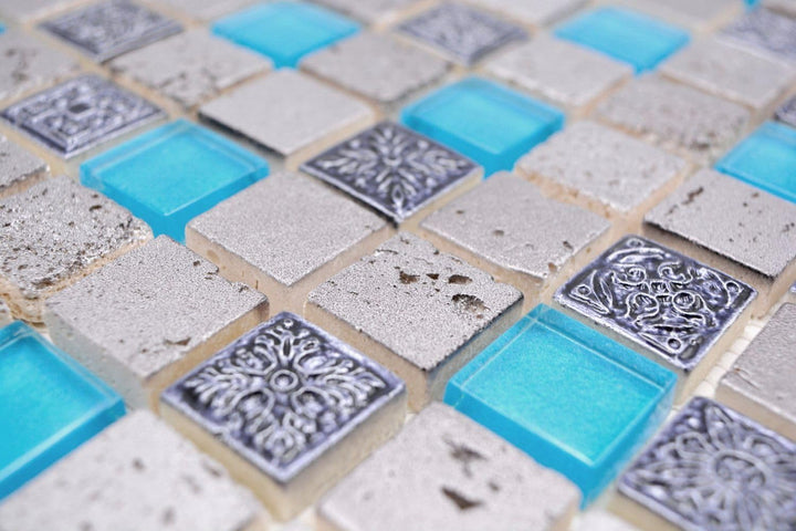 Glasmosaik Quadrat Crystal/Stein/Resin mix blau Rustikal, Mosaikstein Format: 23x23x8 mm, Bogengröss