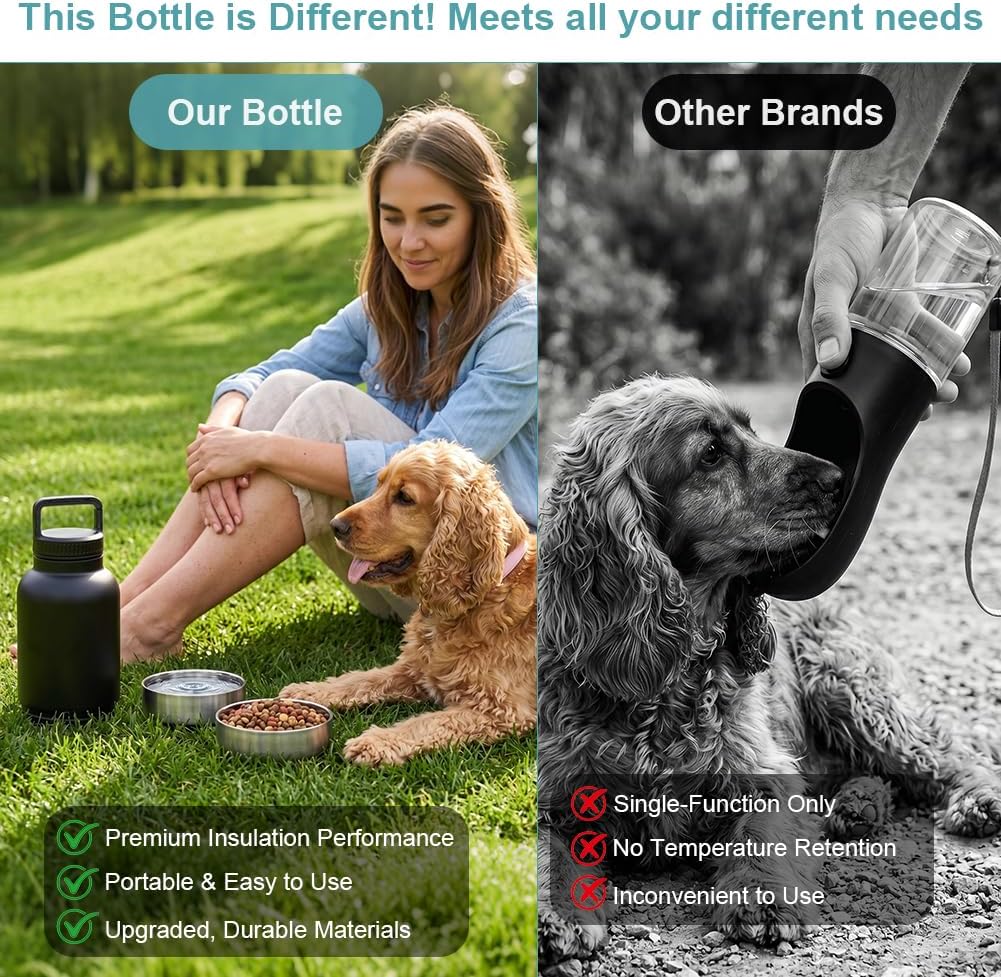 HOTUT Trinkflasche Hunde für Unterwegs 1000ml, 3 in 1 Wasserflasche mit 2 Futternapf, Isolierte Edel