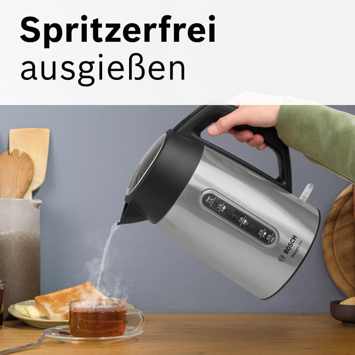 Bosch kabelloser Wasserkocher DesignLine TWK4P440, Ausgiessen ohne Spritzer, Tassenanzeige, Wasserst