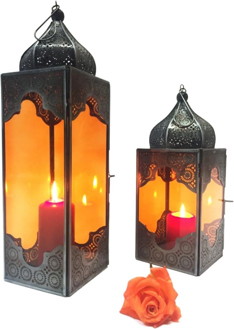 Orientalische Laterne aus Metall &amp; Glas Sarala klein orange 28cm | orientalisches Windlicht | Marokk