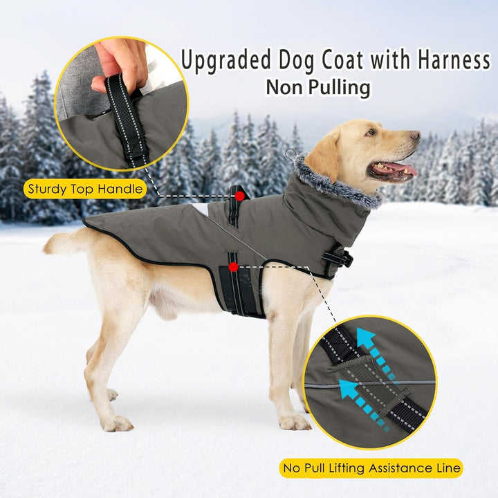 LIANZIMAU Wasserdichter Hundemantel mit Geschirr Wintermantel Hundepullover Fleece Reflektierende Hu