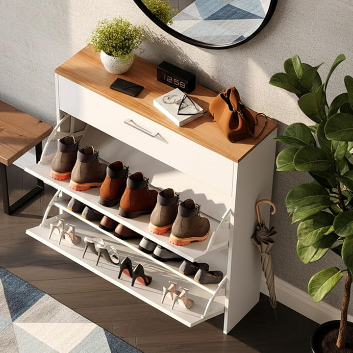 LEADZM Schuhschrank Schmal,Schuhkipper mit 2 Flip-Schubladen Schuhregal mit 1 Schubladen für den Ein