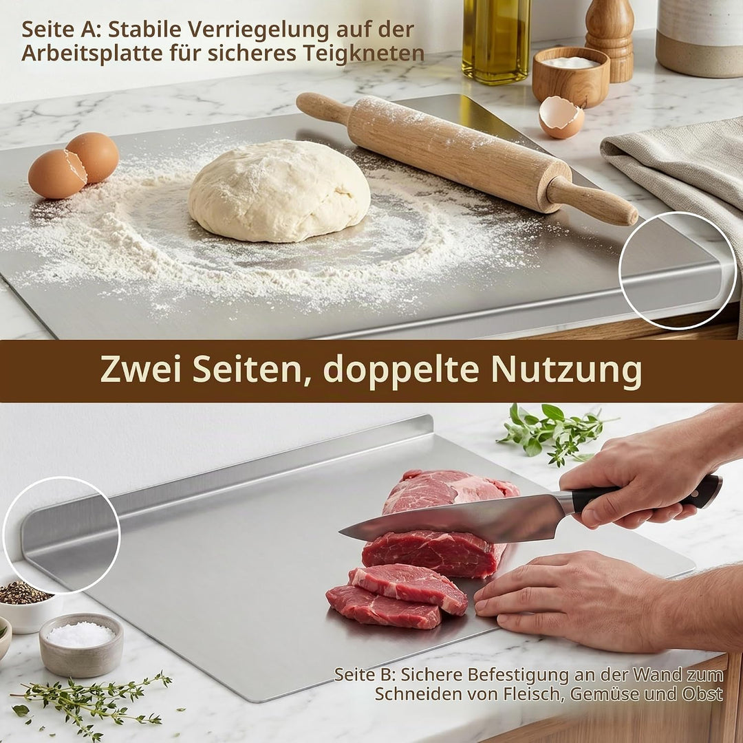 Edelstahl Schneidebrett mit Anschlagkante, Küchenbrett 40 x 30 cm zum Teigkneten, Fleisch, Gemüse un