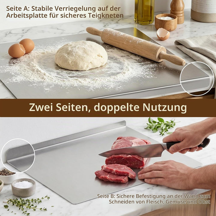 Edelstahl Schneidebrett mit Anschlagkante, Küchenbrett 40 x 30 cm zum Teigkneten, Fleisch, Gemüse un
