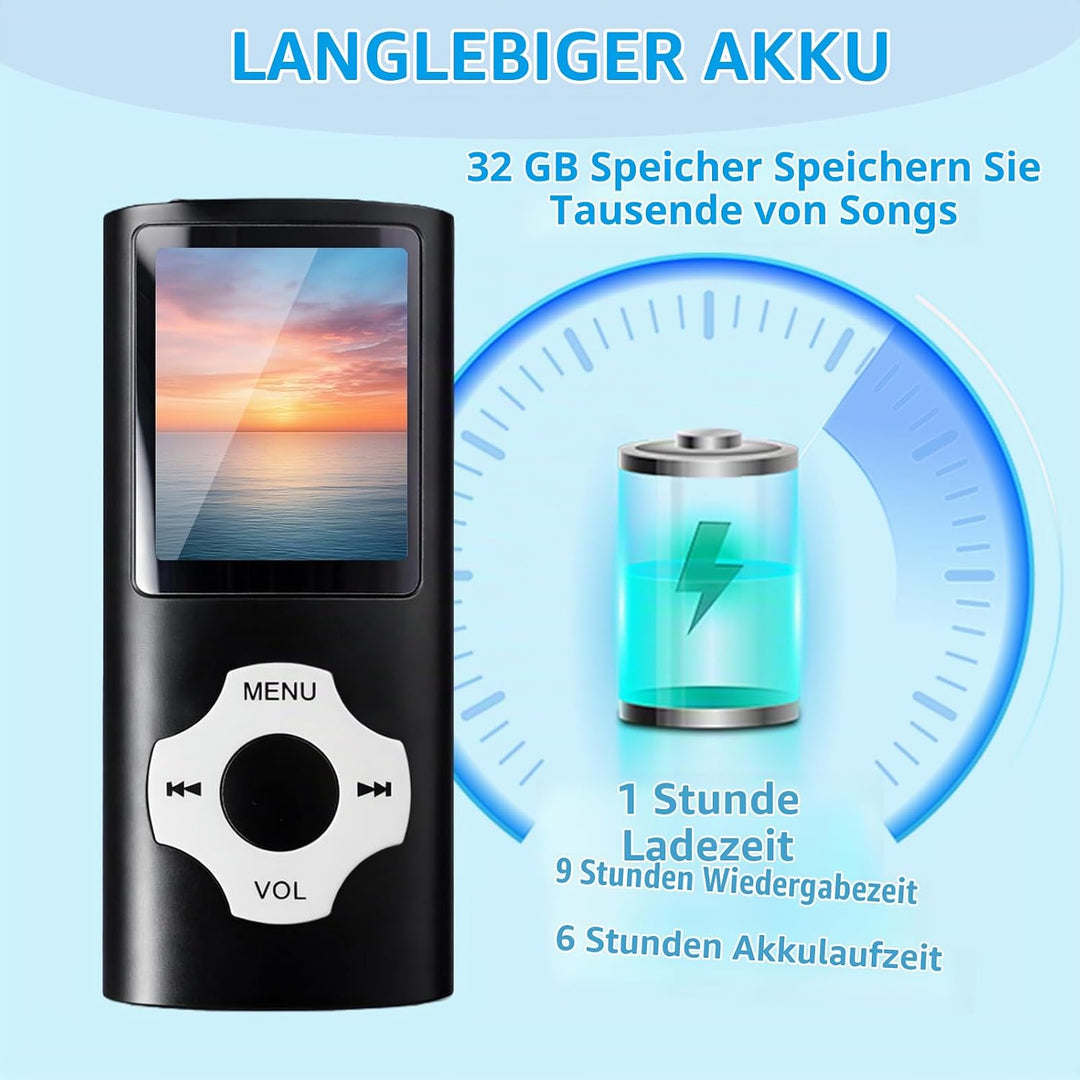 32GB MP3-Player/MP4-Player, Speicher, Verlustfreier Klang, HD Lautsprecher, Sprachrekorder, 1,8 Zoll