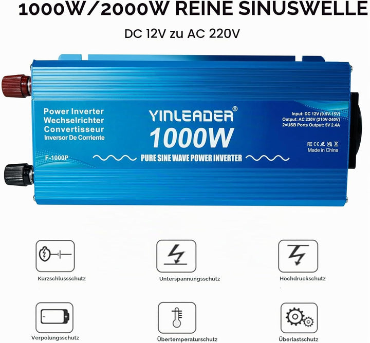 Yinleader Wechselrichter 1000W /2000W 12V 230V Reiner Sinus Spannungswandler mit 1 Steckdose 2 USB A