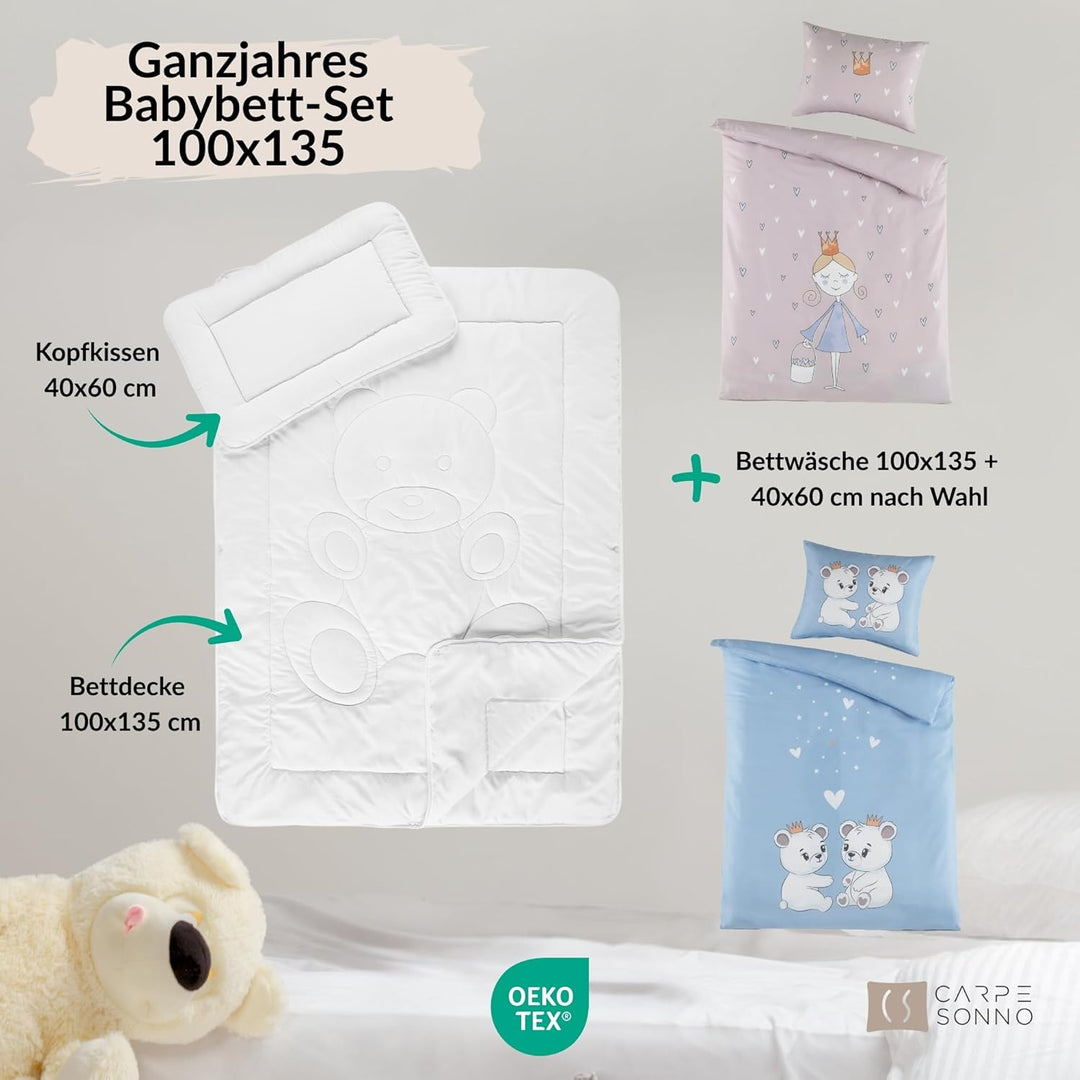 Carpe Sonno Baby Bettdecke und Kissen + Babybettwäsche 100x135 [Kinder Bettdecken Set] Kinderbettdec
