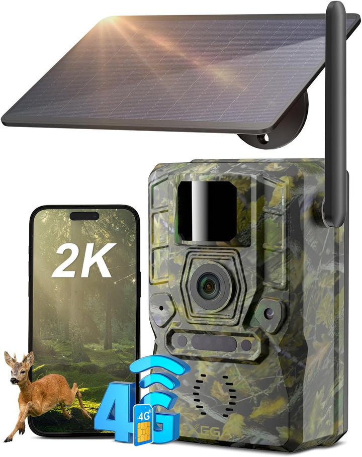 Xega 4G LTE Wildkamera mit Handyübertragung App & Bewegungsmelder, 2K Solar Überwachungskamera Ausse