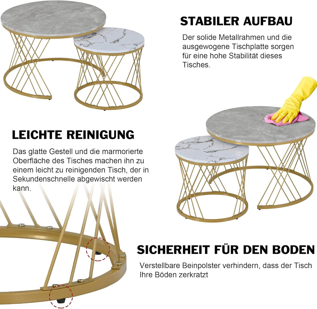 Merax Rund Couchtisch Set, 2-in-1 Nesting Couchtisch Satztisch Modern Wohnzimmertisch, Marmor Furnie