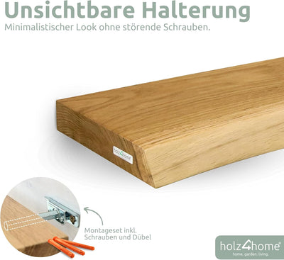holz4home® Wandregal mit Baumkante 100 cm Länge, Natur Geölt I Schweberegal Massivholz mit unsichtba