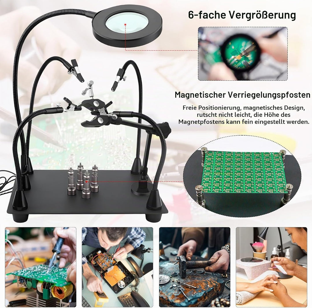 Dritte Hand Löten, Entlötstation Magnetische Löthilfe Helfende Hand mit 4 Flexible Armen 6X Lupe Lic