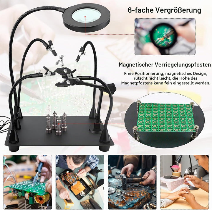 Dritte Hand Löten, Entlötstation Magnetische Löthilfe Helfende Hand mit 4 Flexible Armen 6X Lupe Lic