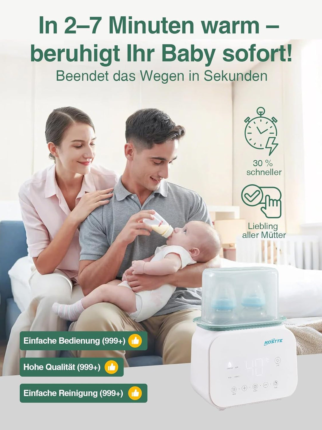 KOSTTE Flaschenwärmer Baby - Flaschenwärmer für 2 Flaschen - Babykostwärmer mit Temperatur - BPA-fre