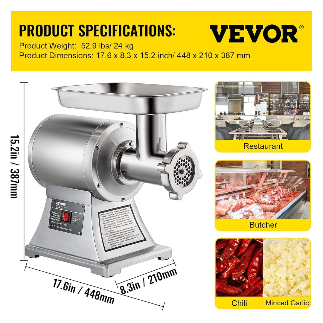VEVOR Elektrischer Fleischwolf 850 W, Hackfleisch Maschine 150 kg pro Stunde, Elektrische Wurstmasch