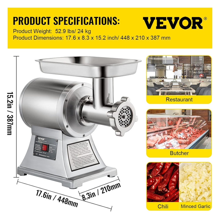 VEVOR Elektrischer Fleischwolf 850 W, Hackfleisch Maschine 150 kg pro Stunde, Elektrische Wurstmasch