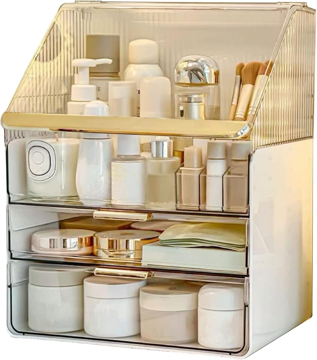 Grosse Make-up-Aufbewahrungsbox, 3-stöckig – Kosmetik-Organizer für die Theke mit Deckel, Schminktis