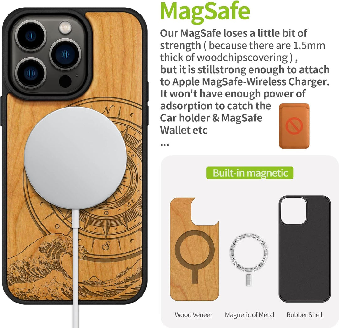Carveit Handyhülle für iPhone 14 Pro Holz Cover kompatibel mit MagSafe Massivholz für Apple 14Pro St