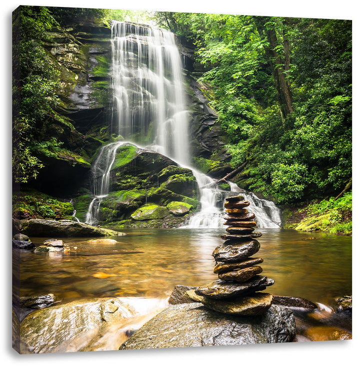 Zen Steine vor Wasserfall, Format: 70x70 auf Leinwand, XXL riesige Bilder fertig gerahmt mit Keilrah
