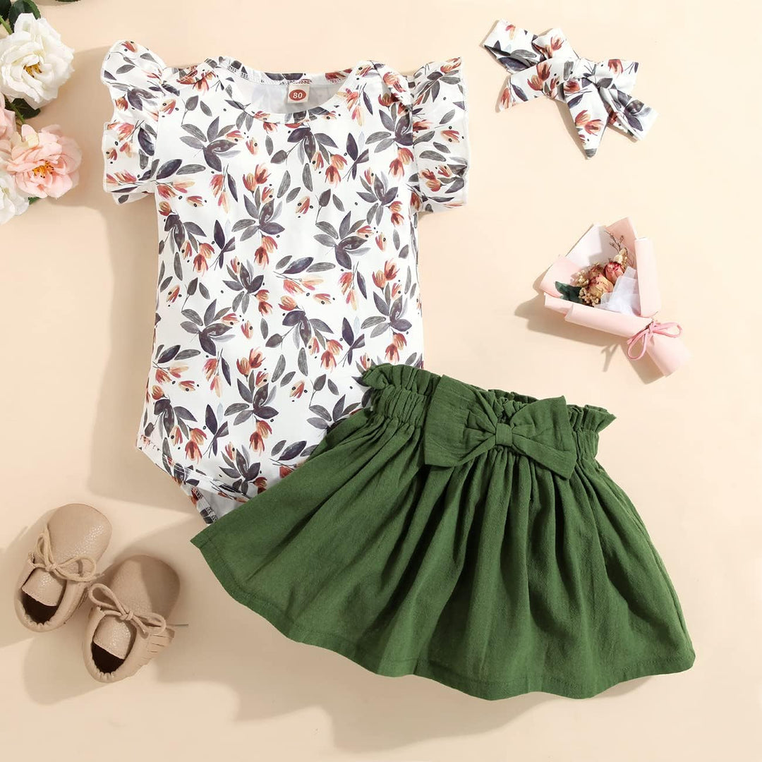 Baby Kleidung Mädchen Sommer Outfit, T-Shirt Rüschen Kurzarm Top + Rock + Stirnband 3tlg Neugeborene