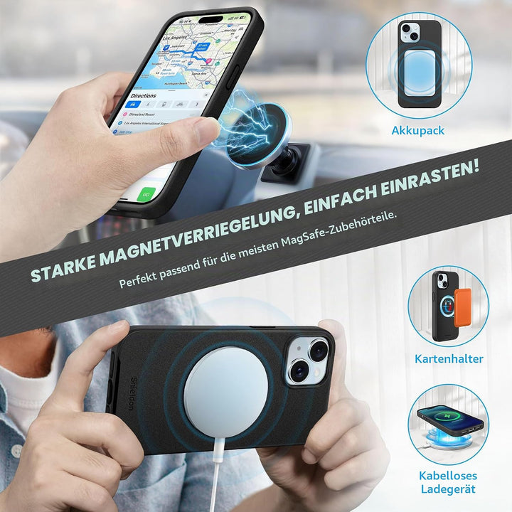 SHIELDON Hülle für iPhone 15, Echtleder Handyhülle [Abnehmbar] [kabelloses Laden] [Kartenfach] [Stän