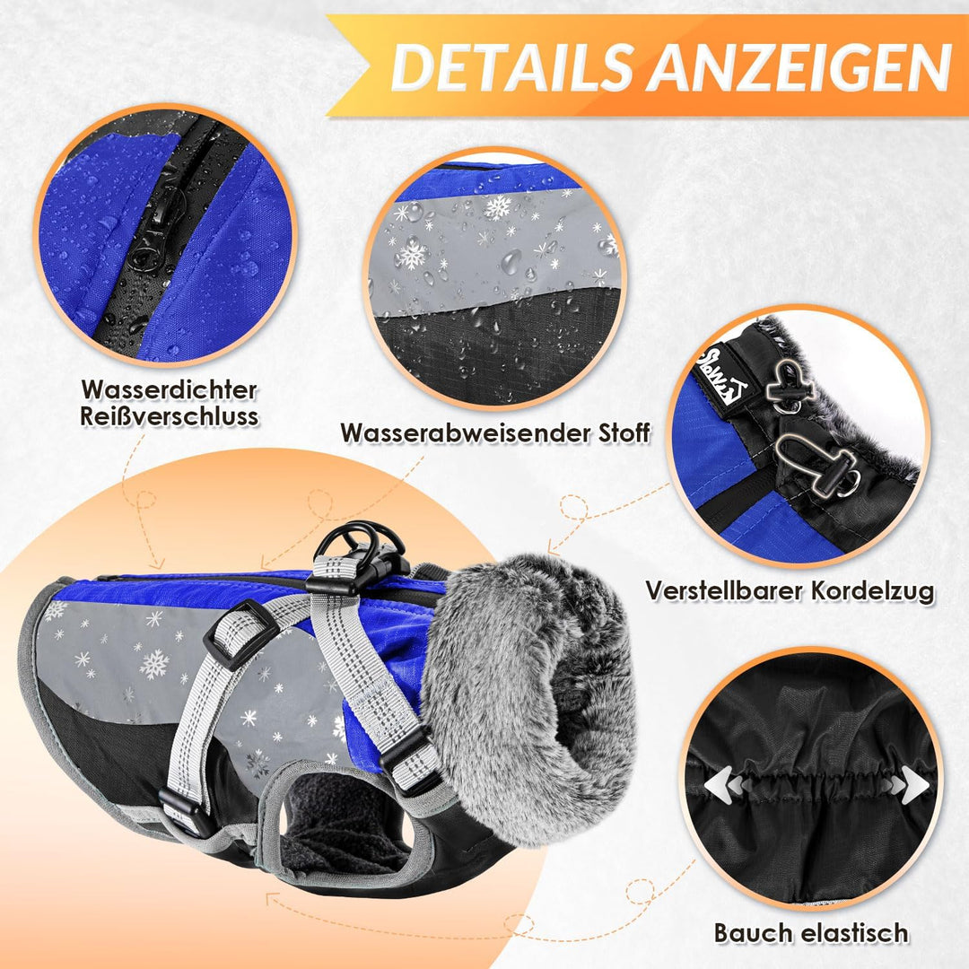 Hundemantel Winter, Wasserdichter Fleece Hundejacke mit Geschirr für kleine, mittlere und grosse Hun