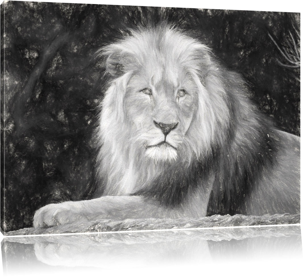 maiestätischer Löwe auf Stein schwarz/weiss Deluxe Format: 100x70 cm auf Leinwand, XXL riesige Bilde