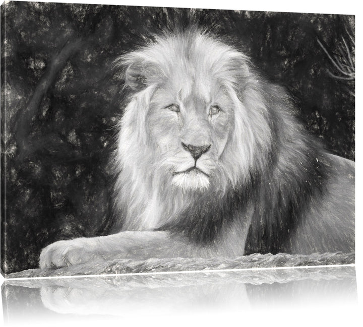 maiestätischer Löwe auf Stein schwarz/weiss Deluxe Format: 100x70 cm auf Leinwand, XXL riesige Bilde