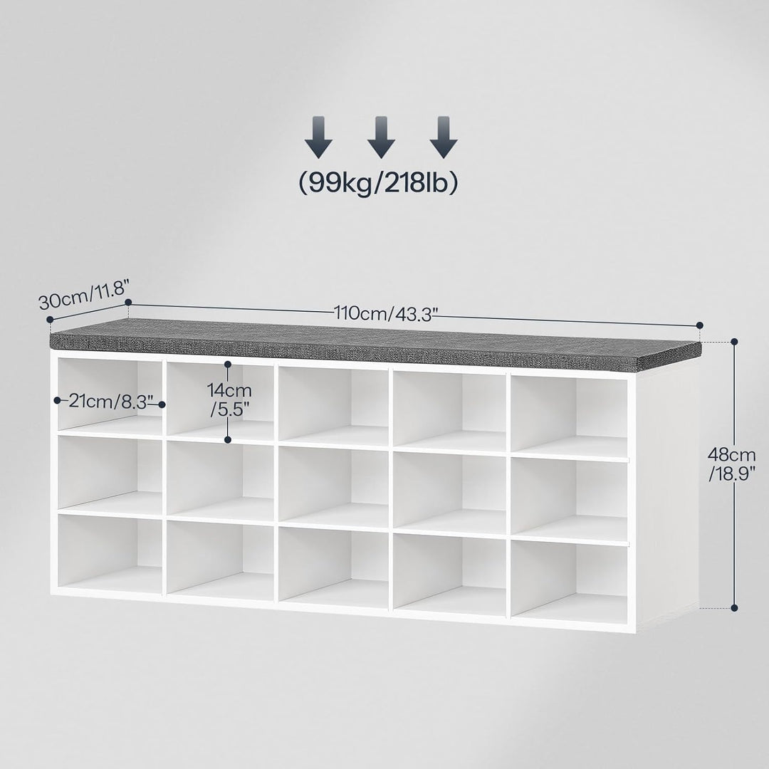 HOOBRO Schuhbank mit 15 Fächern, Schuhregal mit gepolsterter Sitzbank, Schuhschrank, 110 x 30 x 48 c