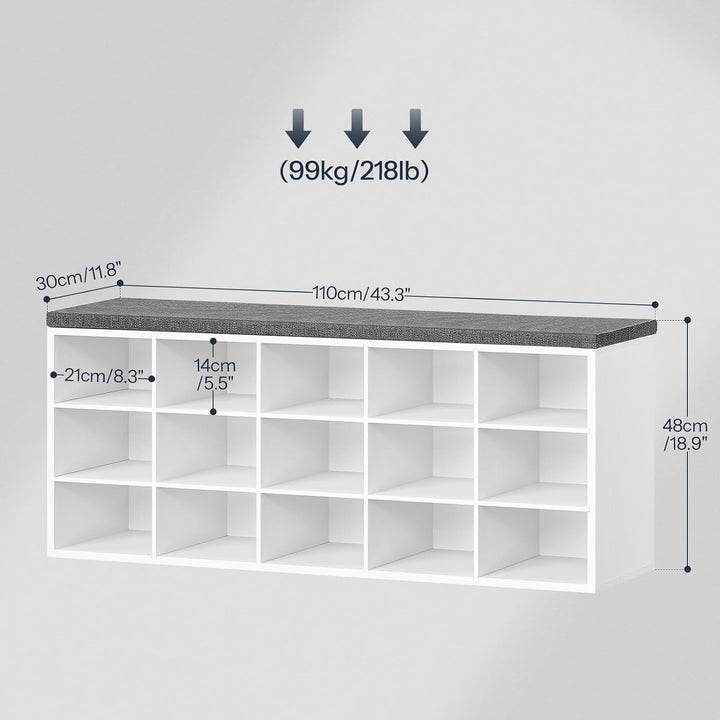 HOOBRO Schuhbank mit 15 Fächern, Schuhregal mit gepolsterter Sitzbank, Schuhschrank, 110 x 30 x 48 c