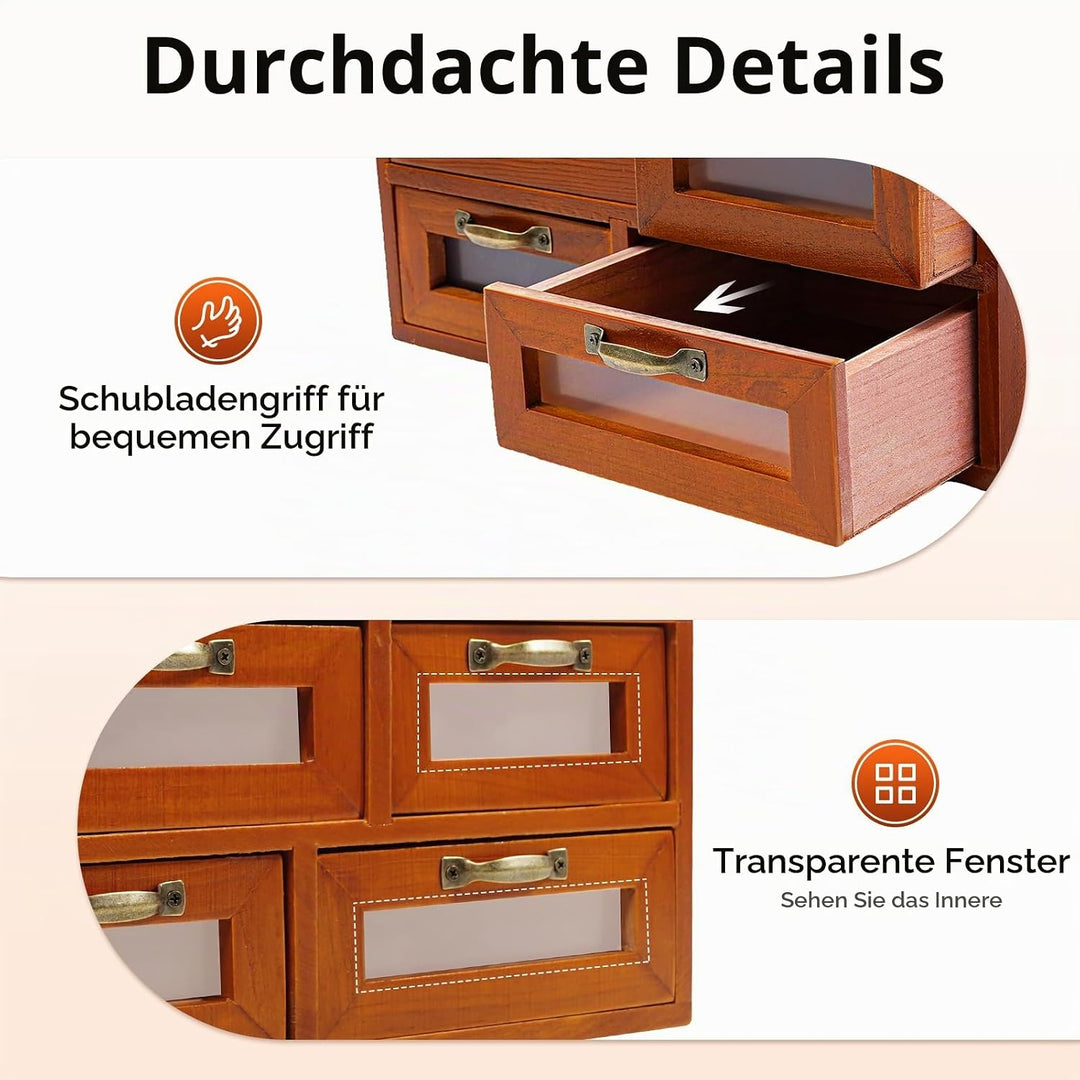 4 Stück Vintage Apothekerschrank Holz, 16 Schubladen mit Sichtfenster, Schreibtisch Organizer für Bü