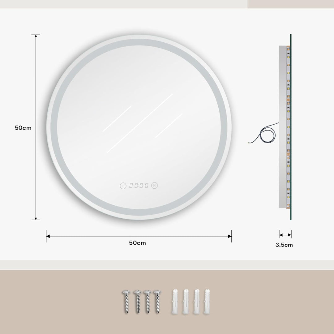 Dripex Badspiegel mit Beleuchtung Rund Led Spiegel mit Uhr und Touch-Schalter, Dimmbar, 3 Lichtfarbe