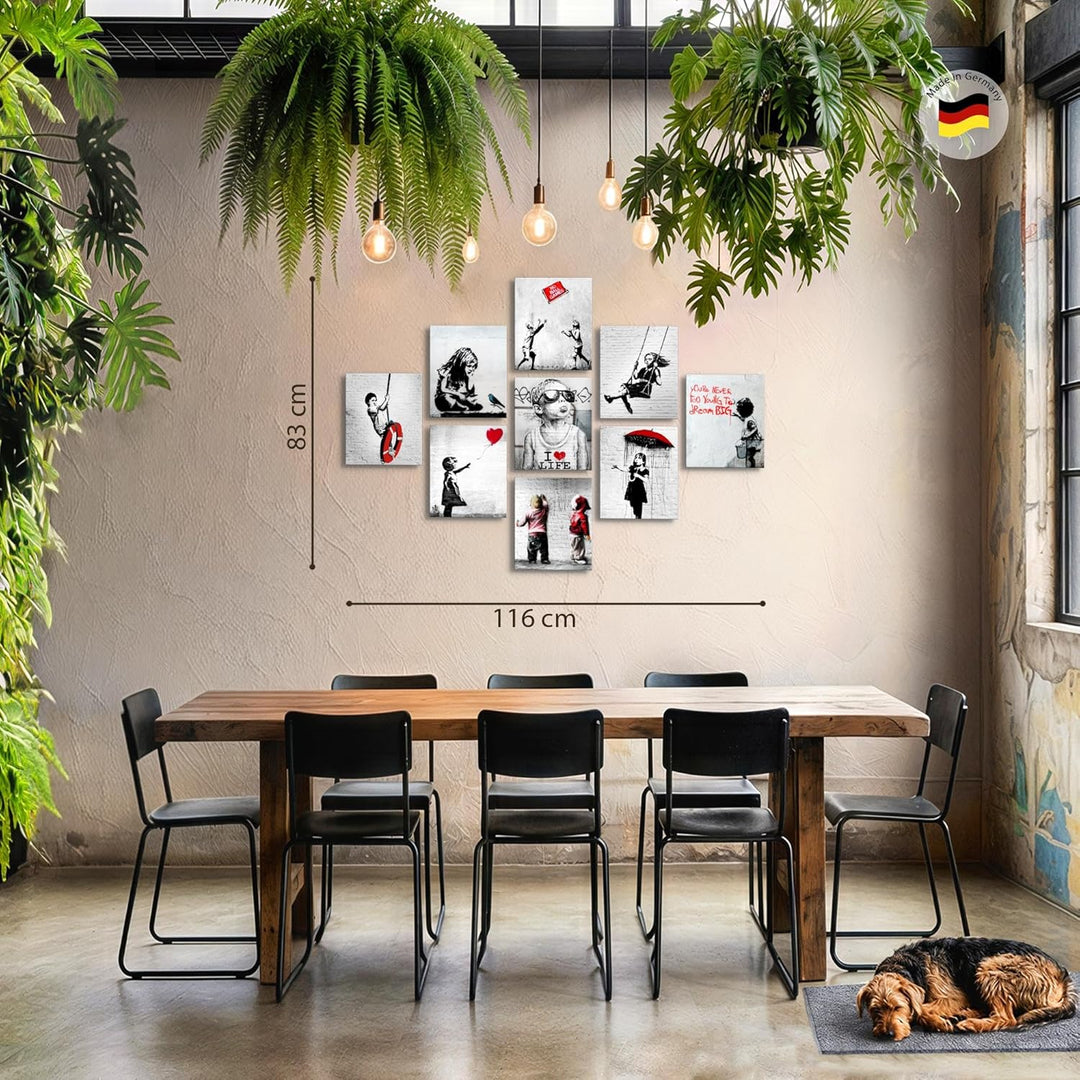 Novart Wandbilder Banksy - KOMPLETT AUFHÄNGFERTIG - Collage Loft Wohnzimmer- 9 Moderne Bilder Set -