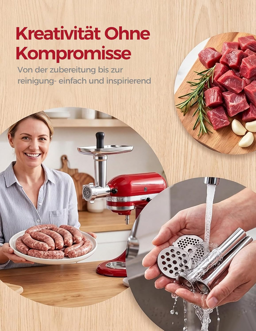 Fleischwolf Aufsatz für KitchenAid Standmixer, Edelstahl Fleischwolf Aufsatz Enthält Wurstfüller, Re