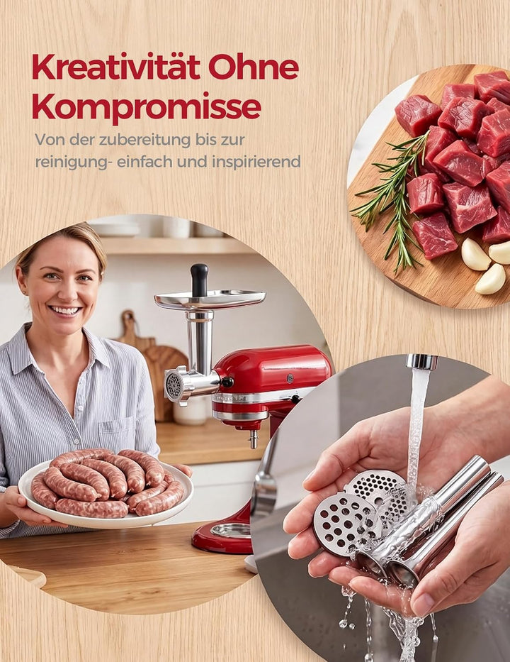 Fleischwolf Aufsatz für KitchenAid Standmixer, Edelstahl Fleischwolf Aufsatz Enthält Wurstfüller, Re