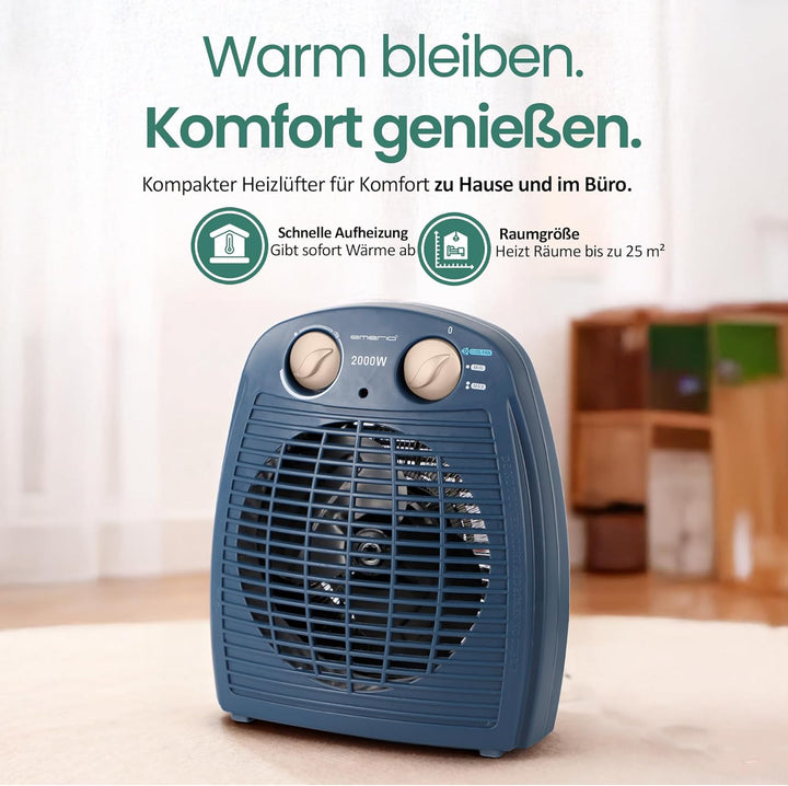 EMERIO Heizlüfter 2000W | klein leicht kompakt portabel | für ca. 25m² | 2 Heizleistungen + Ventilat