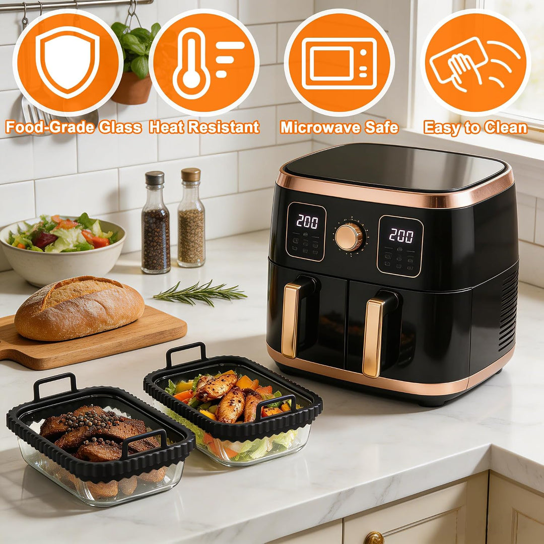 2 Stück Glas Auflaufform Airfryer für Ninja Cosori Philips, Airfryer Glasbehälter mit Herausnehmbare