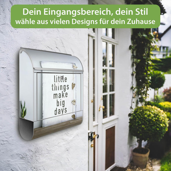 banjado® Design Briefkasten mit Motiv Little Things 39x47x14cm &amp; 2 Schlüssel - Briefkasten Stahl Sil