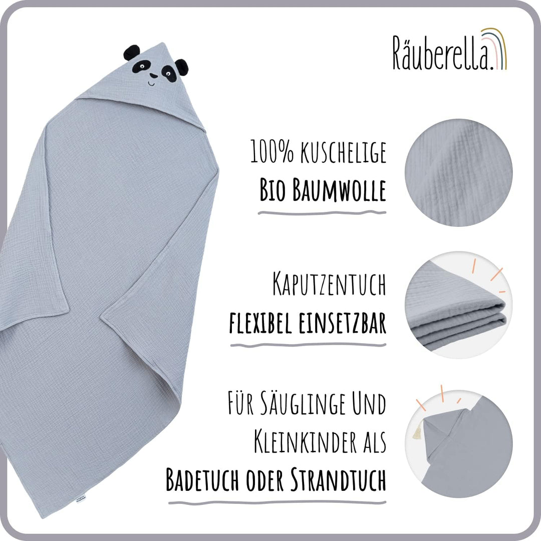 Räuberella® Panda-Kapuzenhandtuch Baby in Blau I 80x80cm I Musselin-Badetuch-Baby aus 100% Bio-Baumw