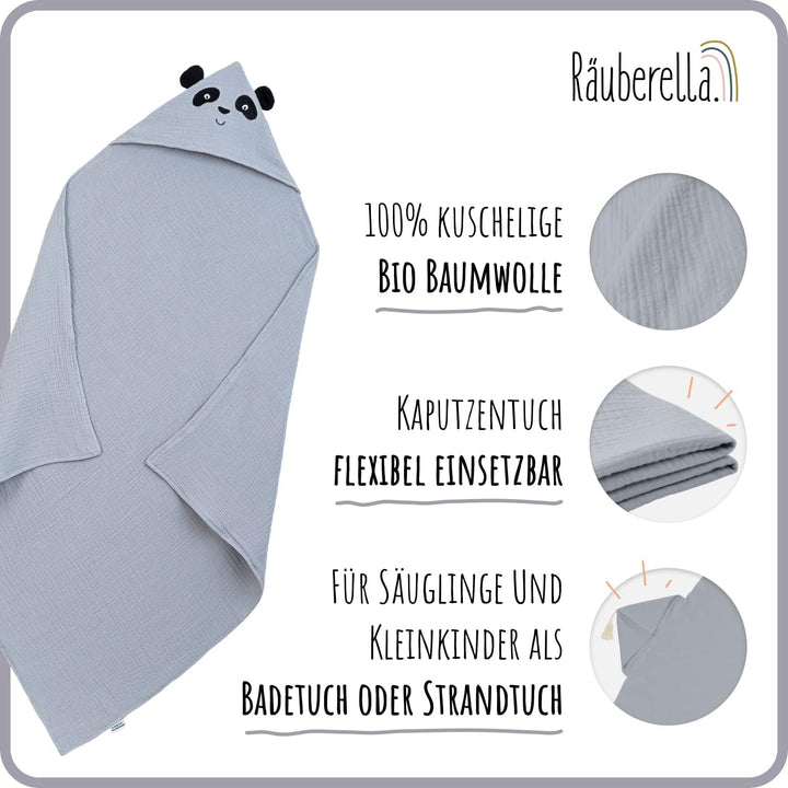 Räuberella® Panda-Kapuzenhandtuch Baby in Blau I 80x80cm I Musselin-Badetuch-Baby aus 100% Bio-Baumw