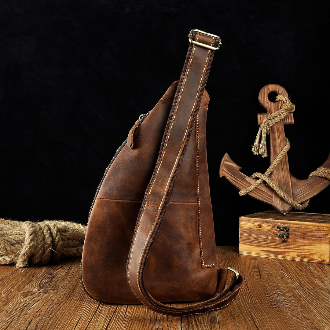 Le’aokuu Herren Echtes Leder Brusttasche Crossbody Bag Sling Bag Schultertasche Rucksäcke Freitzeit