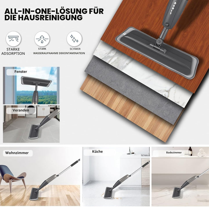 Grauer Wischer mit Sprühfunktion, 360° drehbarer Bodensprühwischer mit 3 waschbaren Mikrofaserpads,