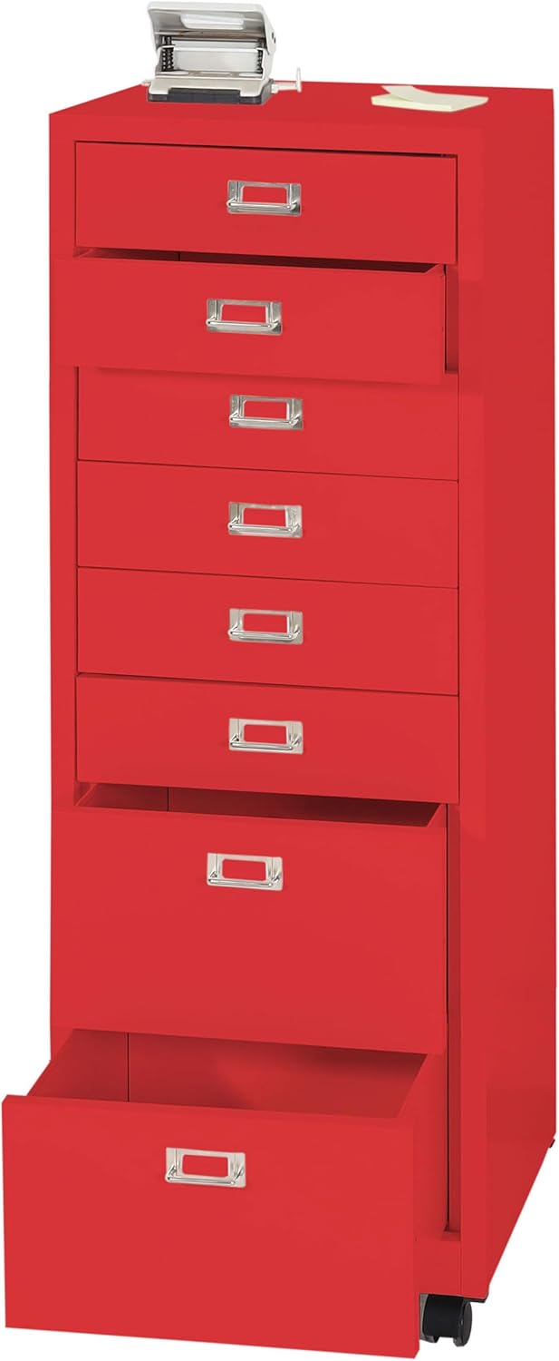 PROREGAL Rollcontainer, HxBxT 115x40x41 cm, Metall 8 Schubladen, Rot, Schubladenschrank Stahlschrank