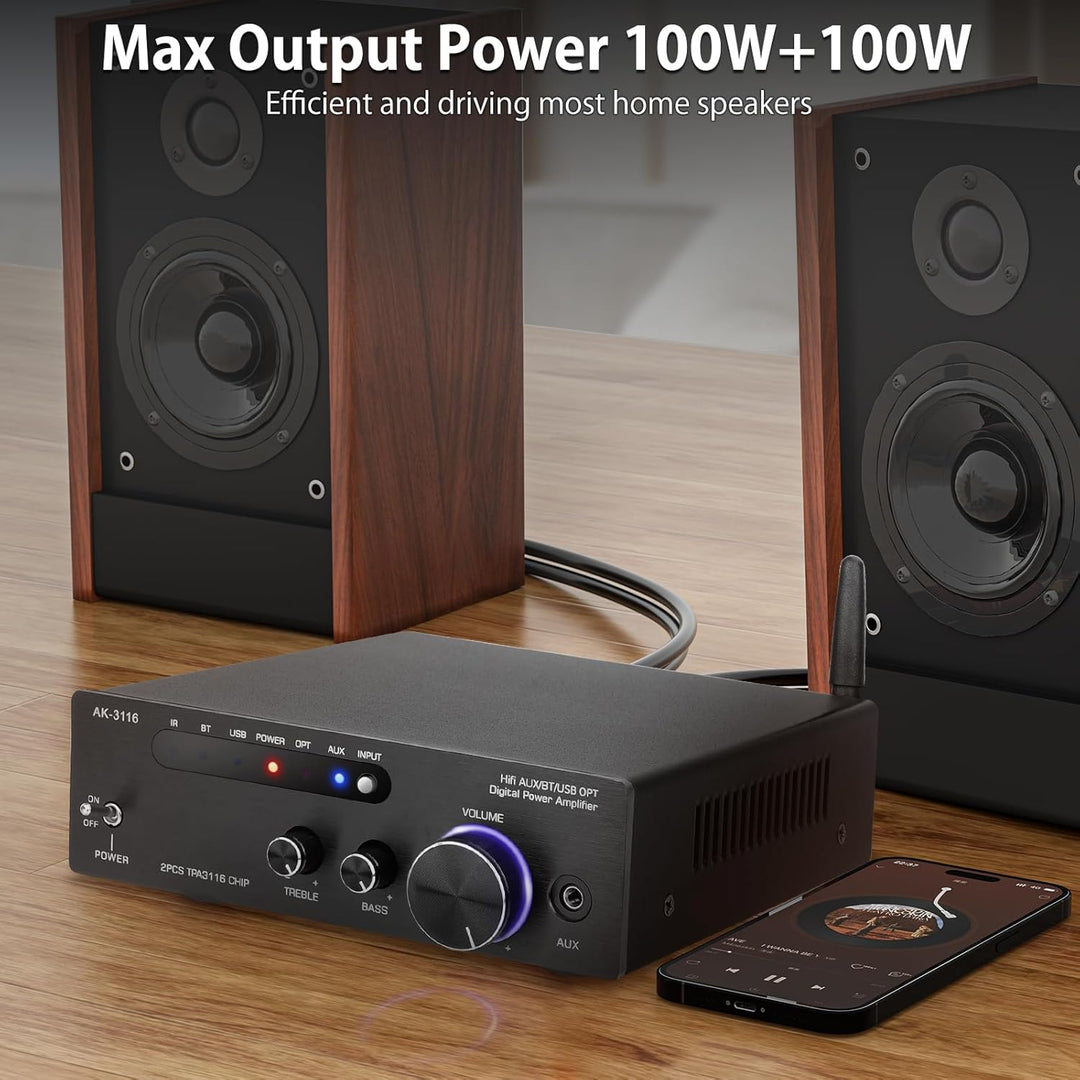 Bluetooth Verstärker 5.0 HiFi Stereo Verstärker Receiver 2.0-Kanal 2x100W TPA3116 Klasse D Mini Vers