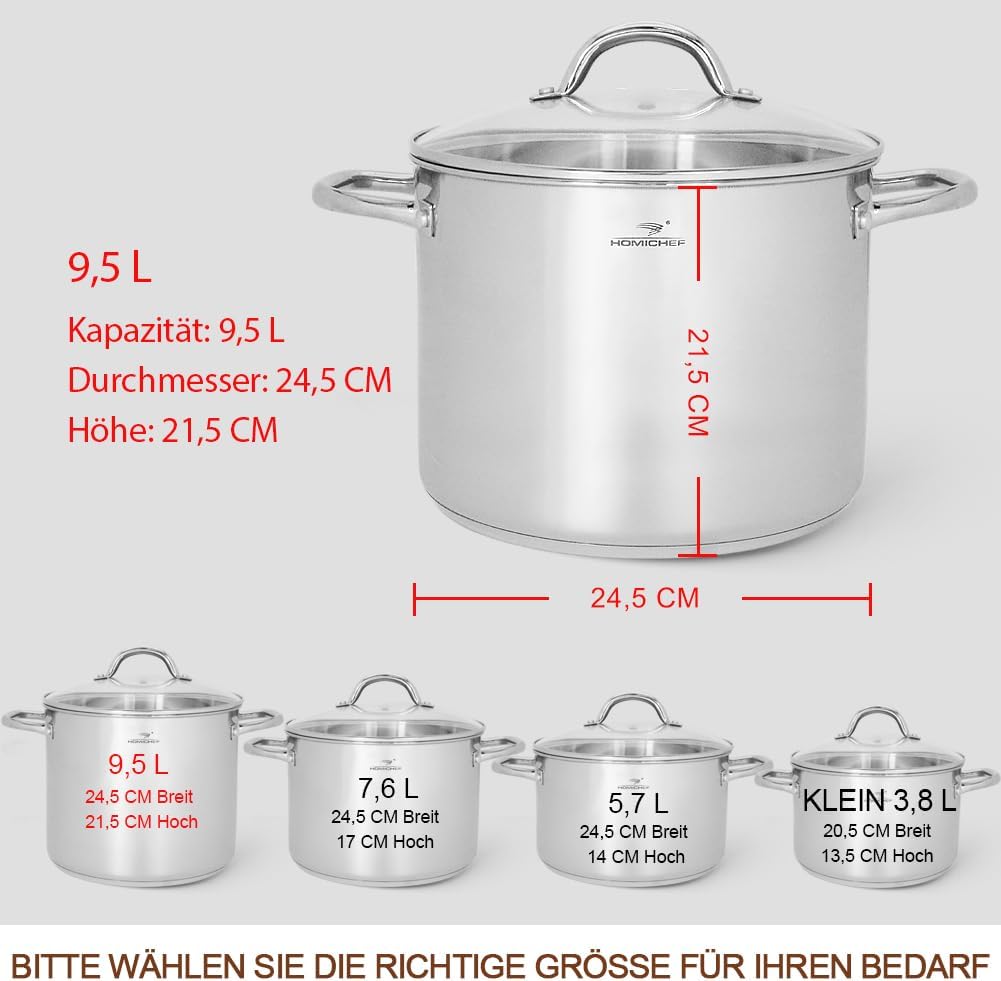 HOMICHEF Nickelfreier Edelstahltopf mit Glasdeckel (24,5 cm 9,5 Liter) - Gesunder, hochglanzpolierte