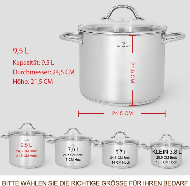 HOMICHEF Nickelfreier Edelstahltopf mit Glasdeckel (24,5 cm 9,5 Liter) - Gesunder, hochglanzpolierte