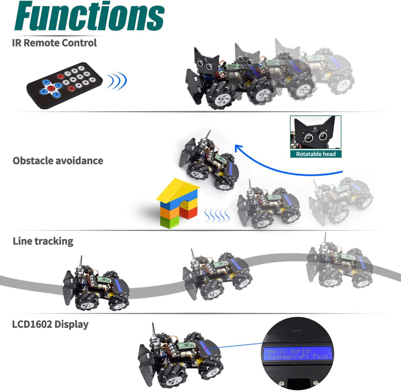Adeept 4WD Omni-Directional Mecanum Wheels Robotic Car Kit for Raspberry Pi Pico DIY STEM Remote Con