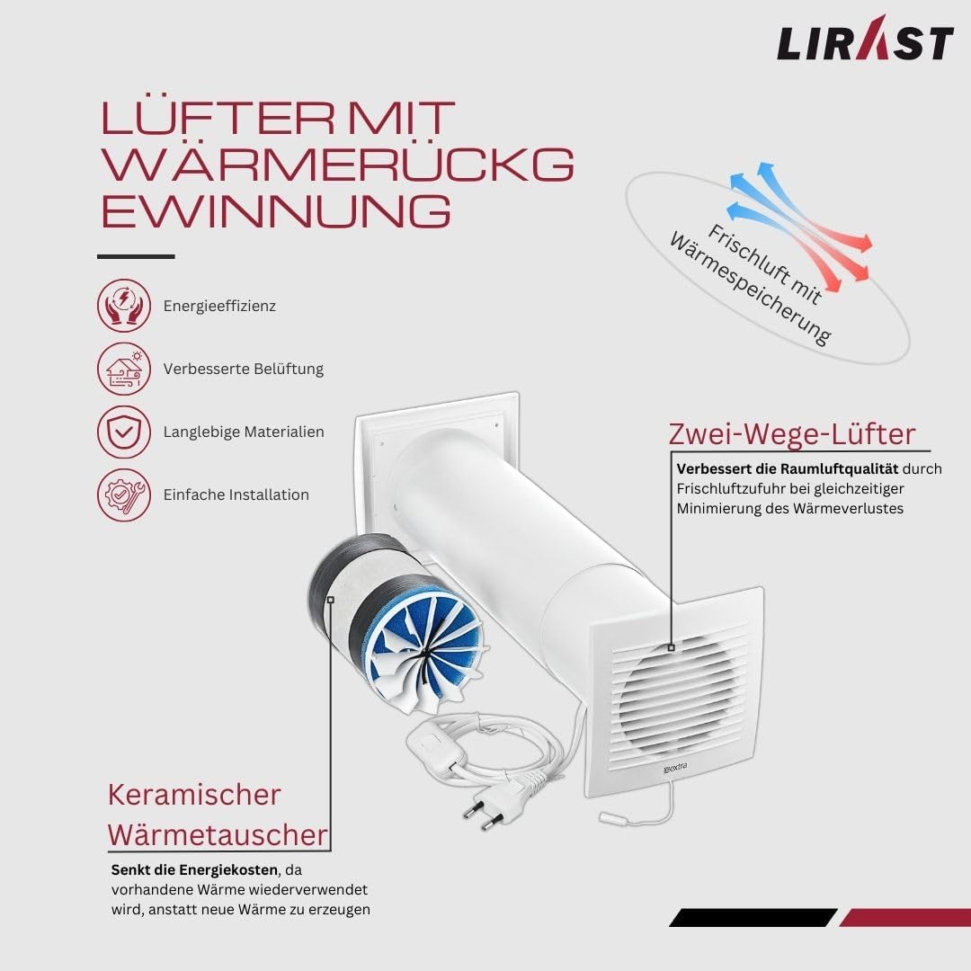 Ø 100mm Dezentrale Wohnraumlüftung mit Wärmerückgewinnung / Mit Kabel und Zugschnur Mit Kabel und Zu