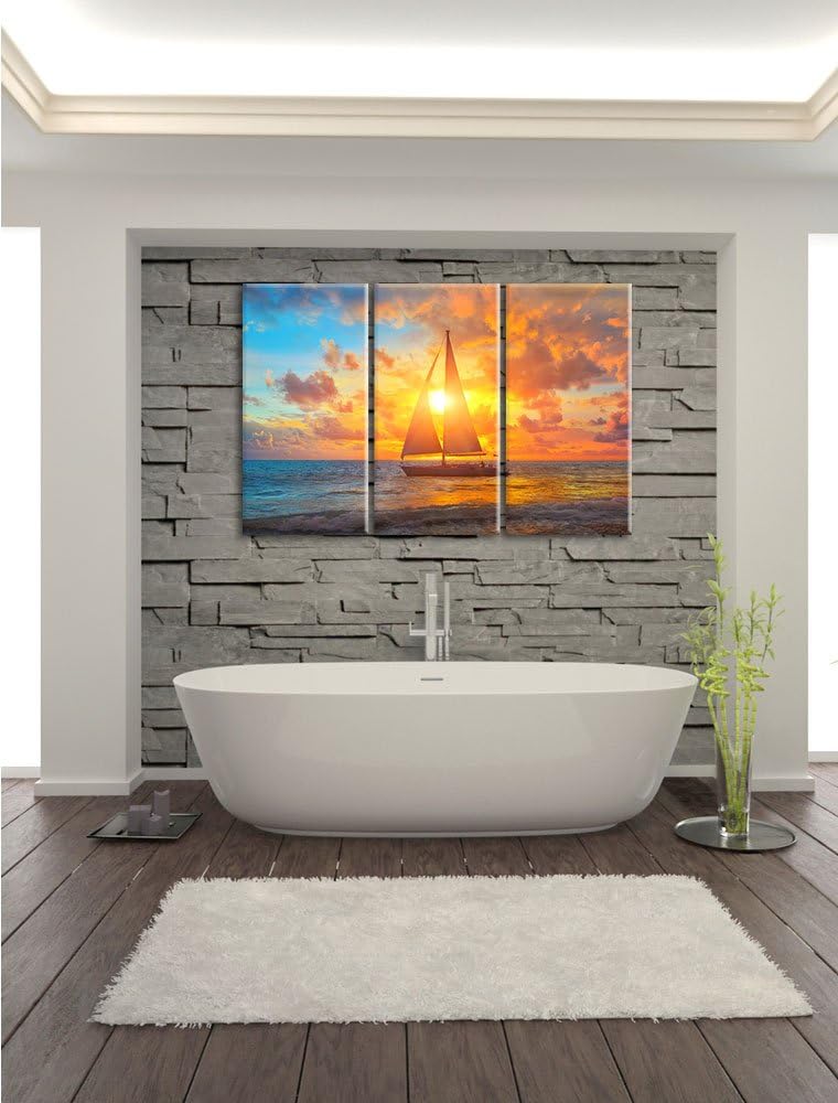 Pixxprint Segelboot nahgelegen der Küste als Leinwandbild/Grösse: 3 Teilig (120x80) / Wandbild/Kunst