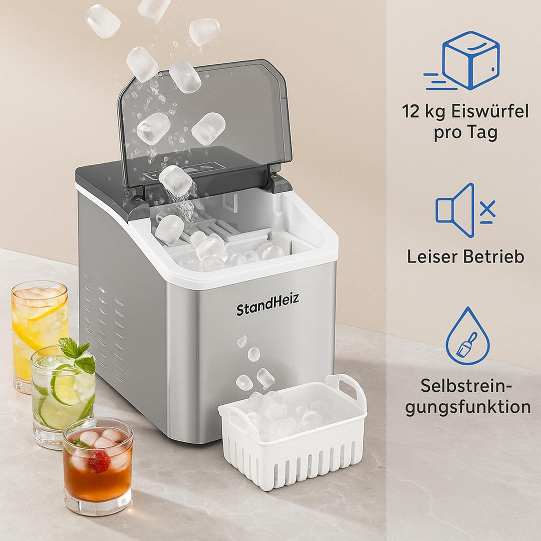 Eiswürfelmaschine Silber 12 kg / 24 h – Selbstreinigender Ice Maker mit 2 Grössen grosse Eiswürfel,