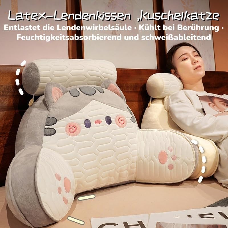 Lesekissen mit Armlehnen und Nackenrolle, Niedliches Katzen Bettsitzkissen für Bett und Sofa, Ergono